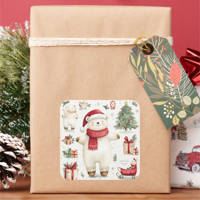 Adesivo Quadrado Vinheta Papai noel de urso branco (Feriado)