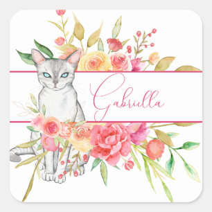 Adesivo Quadrado Vinheta Personalizada de Gato Branco Elegante