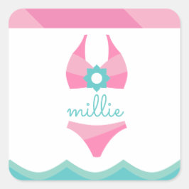 Adesivo Quadrado Vinheta personalizada de maiô rosa Bikini