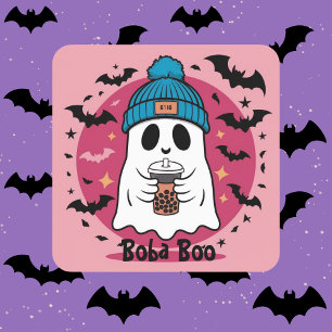 Adesivo Quadrado Vinheta personalizada Ghost Boba Boo, cor-de-rosa-