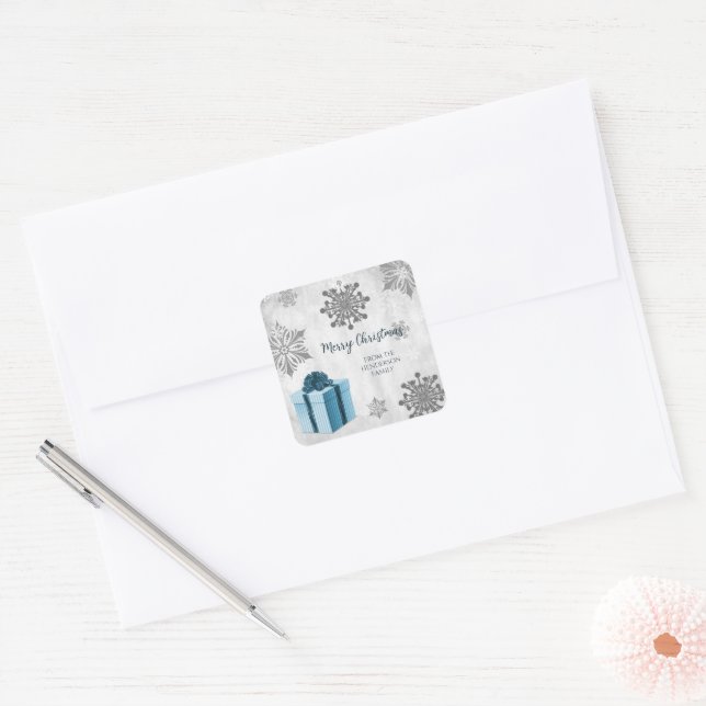 Adesivo Quadrado Vinheta-presente de Natal Azul (Envelope)