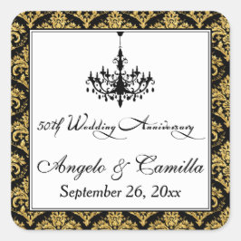 Adesivo Quadrado Vinheta Preta, Dourada Damask 50º Aniversário