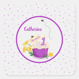 Adesivo Quadrado Vinheta primeiro aniversario Roxa Pastel de Flor S