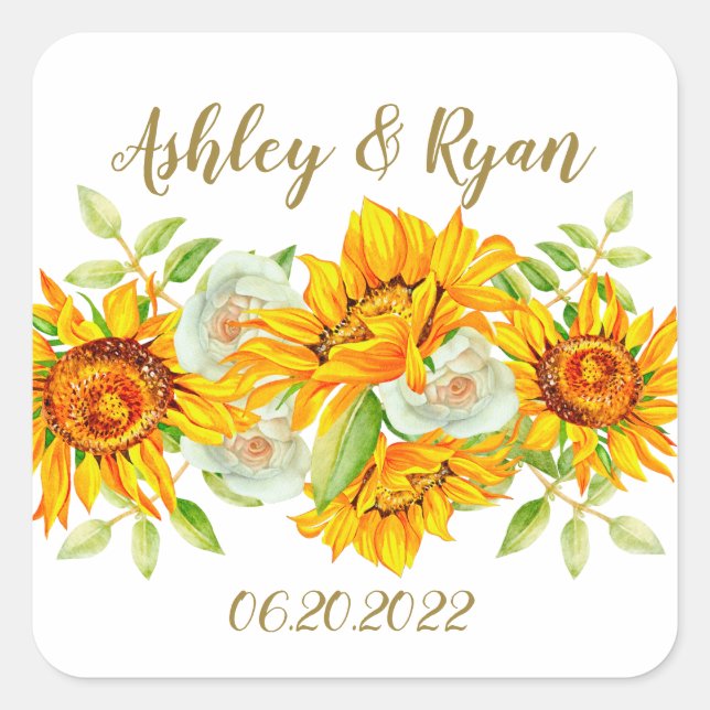 Adesivo Quadrado Vinheta Quadrada de Casamento de Girassol Amarelo (Frente)