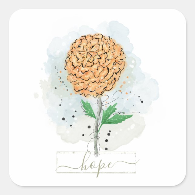 Adesivo Quadrado Vinheta Quadrada de Esperança de Flor Laranja Aqua (Frente)