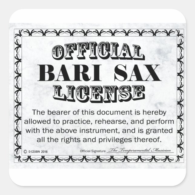 Adesivo Quadrado Vinheta Quadrada de Licença de Bari Sax (Frente)