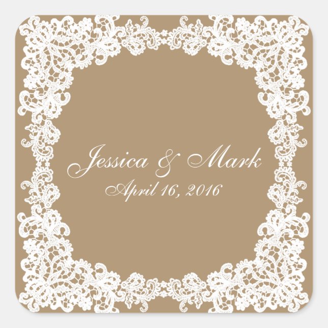 Adesivo Quadrado Vinheta quadrada de renda branca e castanha (Frente)