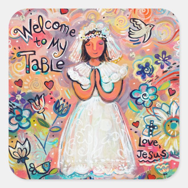 Adesivo Quadrado Vinheta Rosa-Rosa-Primeira-Comunista Católica (Frente)