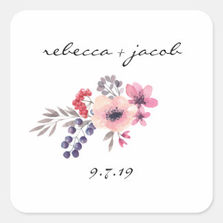 Adesivo Quadrado Vinheta Rustic Watercolor Bride & Groom Wedker