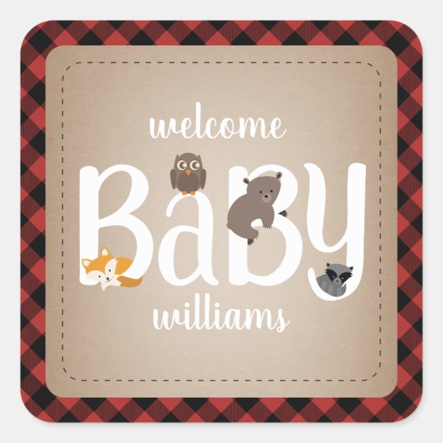 Adesivo Quadrado Vinheta-Xadrez de Animais da Floresta Sonolenta (Frente)