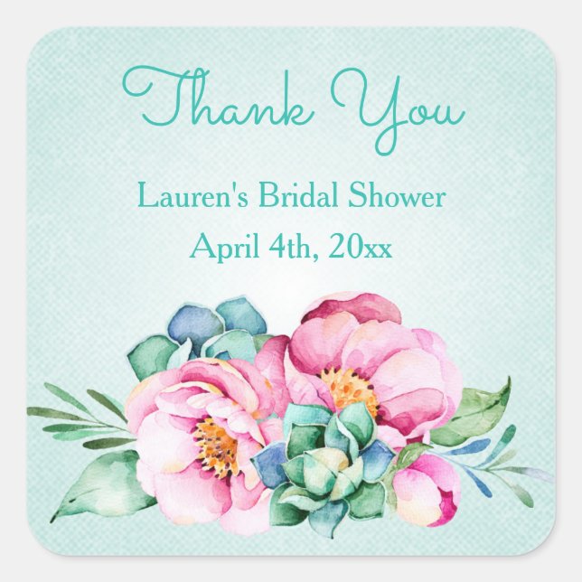 Adesivo Quadrado Vinhetas com Aquarela Cor-de-Água Rosa (Frente)