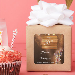 Adesivo Quadrado Vinhetas de 50 anos de casamentos de madeira brilh