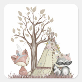 Adesivo Quadrado Vinhetas de animais de madeira boho
