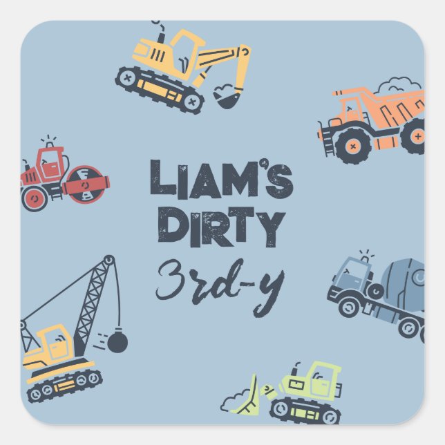 Adesivo Quadrado Vinhetas de Aniversário de Caminhão de Construção  (Frente)