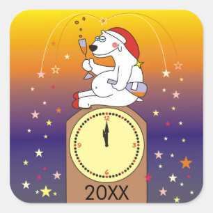 Adesivo Quadrado Vinhetas de Ano Novo do Urso Polar bebendo