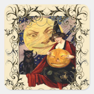 Adesivo Quadrado Vinhetas de bruxa e gata preta