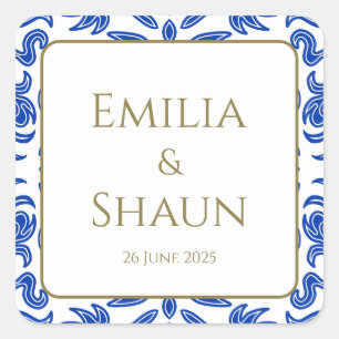 Adesivo Quadrado Vinhetas de Casamento Azul Tradicional Italiano