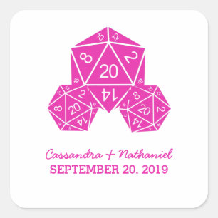 Adesivo Quadrado Vinhetas de Casamento de Dice D20 Rosa
