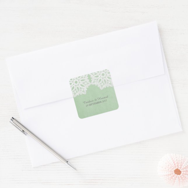 Adesivo Quadrado Vinhetas de Casamento de Locais Elegante Verde (Envelope)