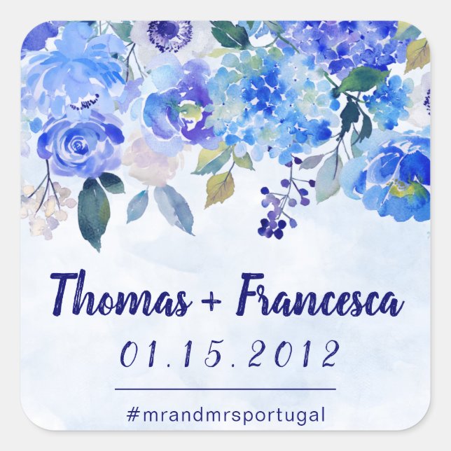 Adesivo Quadrado Vinhetas de Casamento Floral de Cor Azul Real (Frente)