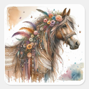 Adesivo Quadrado Vinhetas de cavalos de aquarela