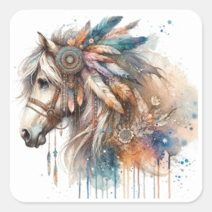 Adesivo Quadrado Vinhetas de cavalos de aquarela