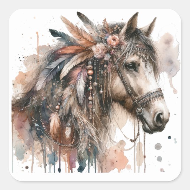 Adesivo Quadrado Vinhetas de cavalos de aquarela (Frente)