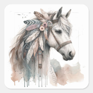 Adesivo Quadrado Vinhetas de cavalos de aquarela