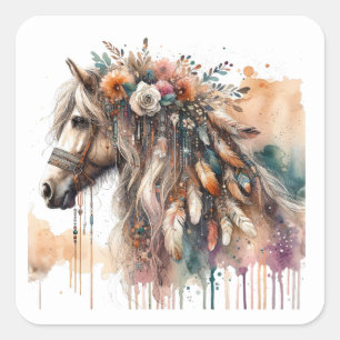 Adesivo Quadrado Vinhetas de cavalos de aquarela
