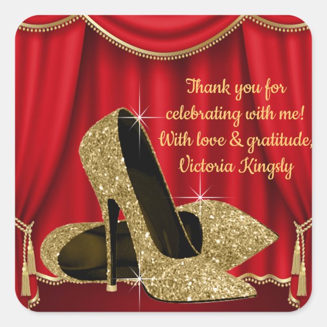 Adesivo Quadrado Vinhetas de Festa de aniversário de Calçado Dourad (Frente)