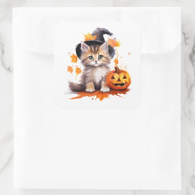 Adesivo Quadrado Vinhetas de Kitten Halloween (Bolsa)