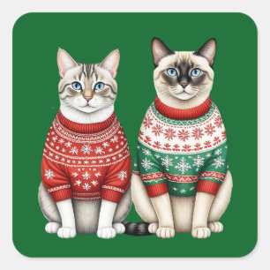 Adesivo Quadrado Vinhetas de Natal de Gato, Gatos de Tabby e Gatos