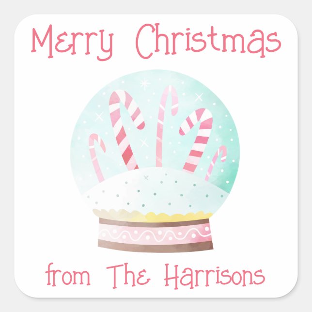 Adesivo Quadrado Vinhetas de Natal do Globo de Neve com Aquarela (Frente)