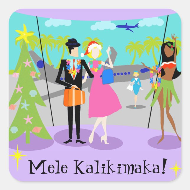 Adesivo Quadrado Vinhetas de Natal do Havaí retrô (Frente)
