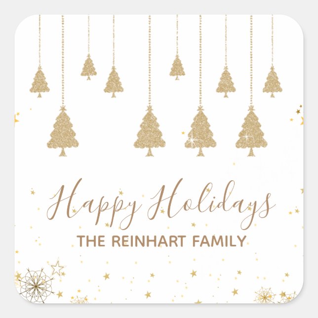 Adesivo Quadrado Vinhetas de Natal Elegante Douradas com brilho (Frente)