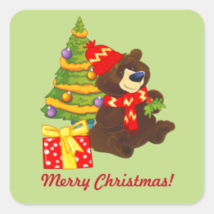 Adesivo Quadrado Vinhetas de Natal Personalizadas do Urso Teddy