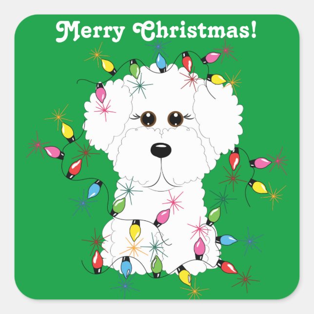 Adesivo Quadrado Vinhetas de Natal Personalizáveis da Bichon Frise (Frente)