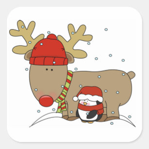 Adesivo Quadrado Vinhetas de Natal/Rudolph e um Pinguim