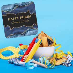 Adesivo Quadrado Vinhetas de Purim Feliz Hebraico Azul e Dourado