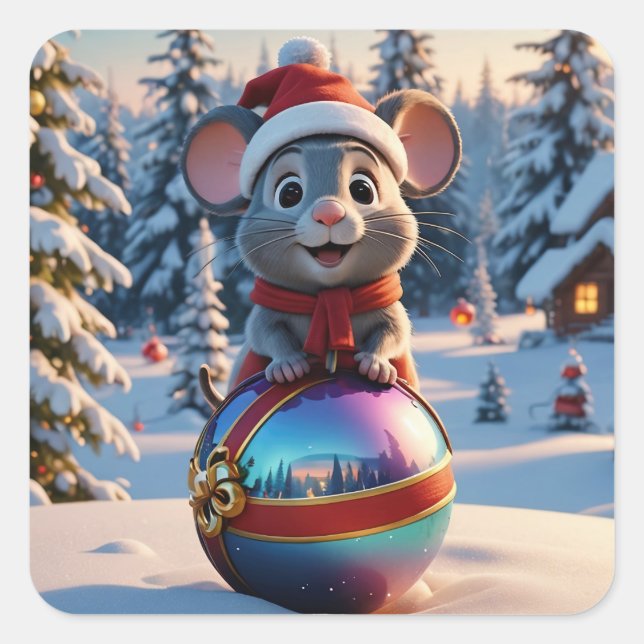 Adesivo Quadrado Vinhetas do rato de Natal (Frente)
