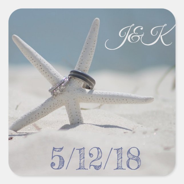 Adesivo Quadrado Vinhetas personalizadas de praia de Casamento Cost (Frente)