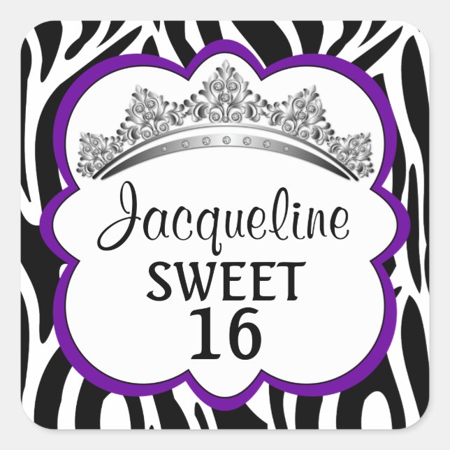 Adesivo Quadrado Vinhetas-Púrpura de Zebra Coroa Diamante (Frente)
