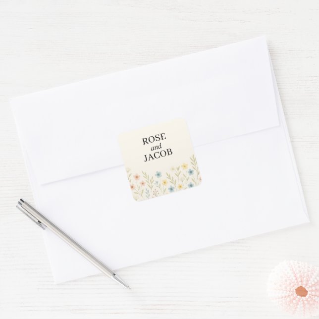 Adesivo Quadrado Vinhetas Românticas de Casamento de Flores Selvage (Envelope)