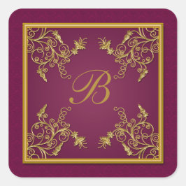 Adesivo Quadrado Vinho de ameixa e Vinheta Monográfica Dourada para