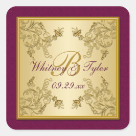 Adesivo Quadrado Vinho de ameixa e Vinheta Monográfica Dourada para