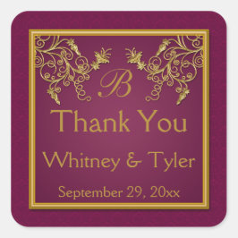 Adesivo Quadrado Vinho de ameixa e Vinheta Monográfica Dourada para