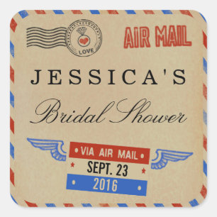 Adesivo Quadrado Vintage Airmail Chá de panela Favor