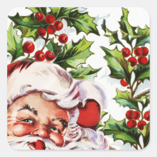 Adesivo Quadrado Vintage alegre do visco do azevinho do papai noel