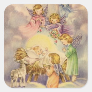 Adesivo Quadrado Vintage anjos em torno de Baby Jesus