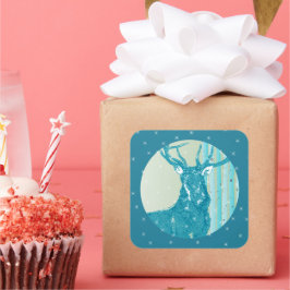 Adesivo Quadrado Vintage Aqua Teal Buck Deer Birch Tree Snowflake